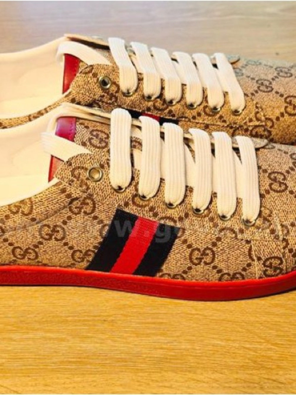 Gucci Beige Monogram Sneakers with Red & Black Stripe